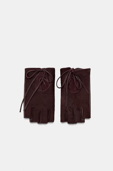Zara FAUX FUR LEATHER MITTEN GLOVES - Burgundy