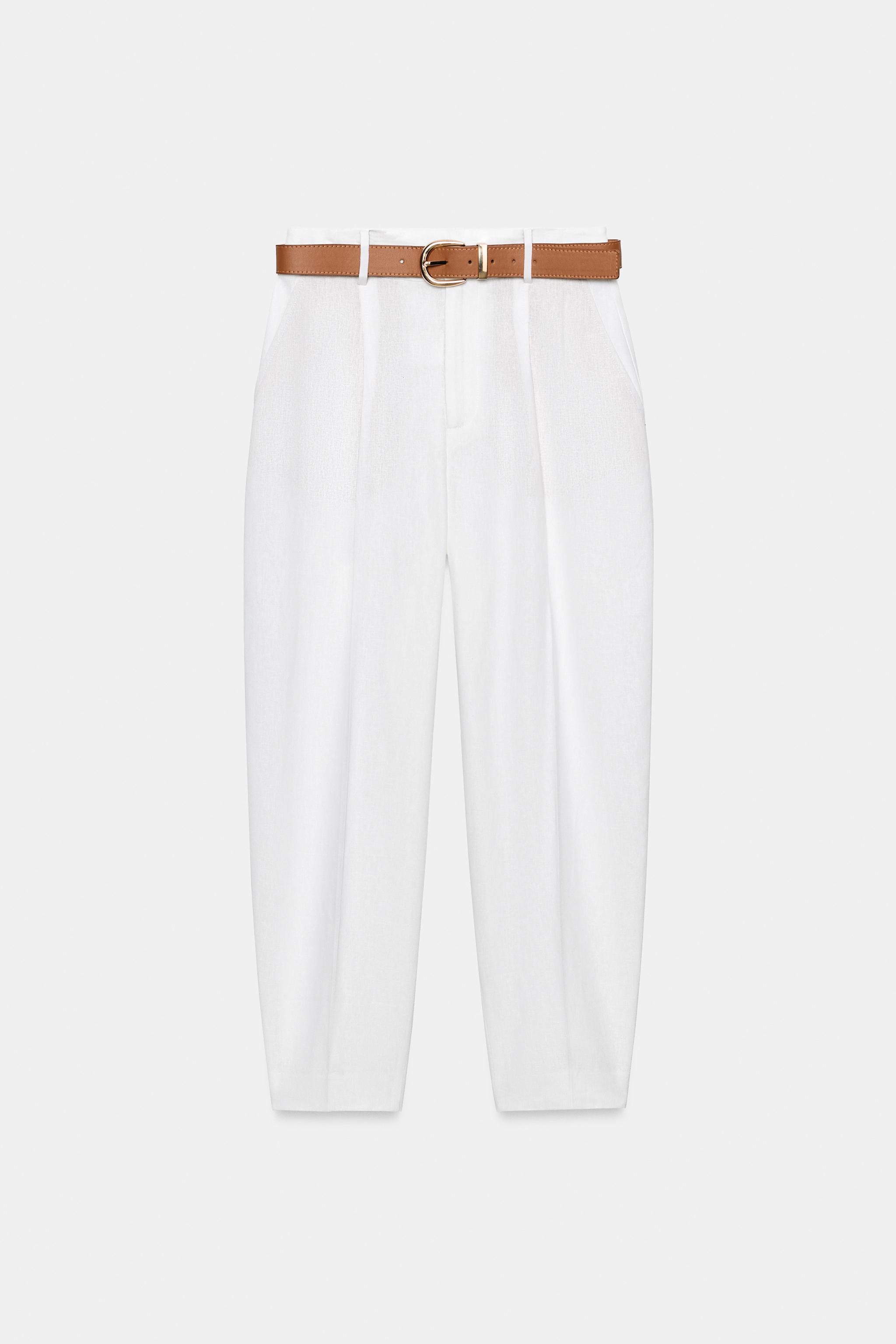 LINEN BELTED PANTS — White