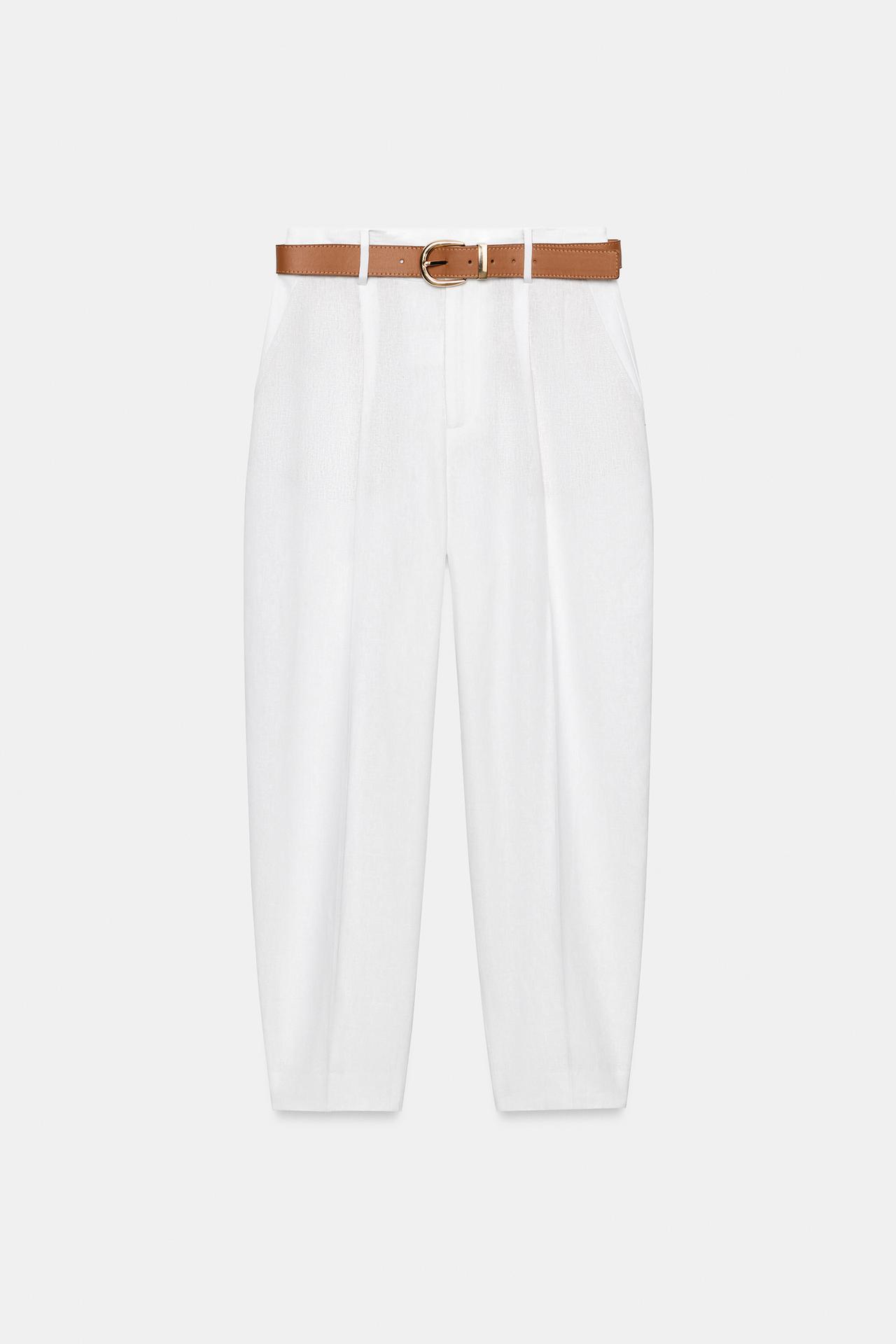 LINEN BELTED PANTS — White