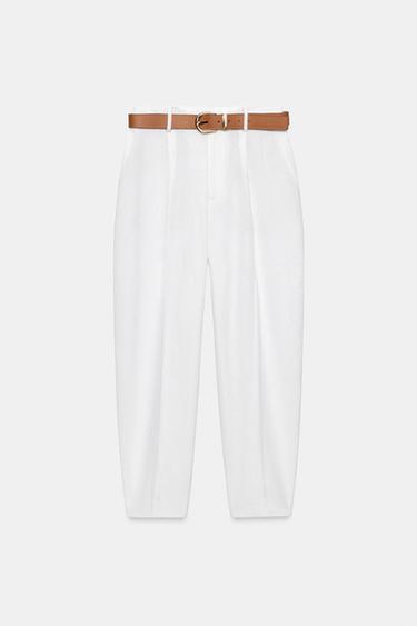 PANTALÓN CINTURÓN CON LINO - Blanco de Zara