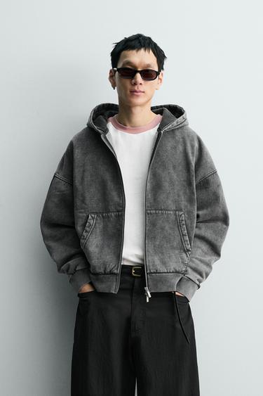 Zara WASHED ZIP HOODIE SWEATSHIRT - Grayish