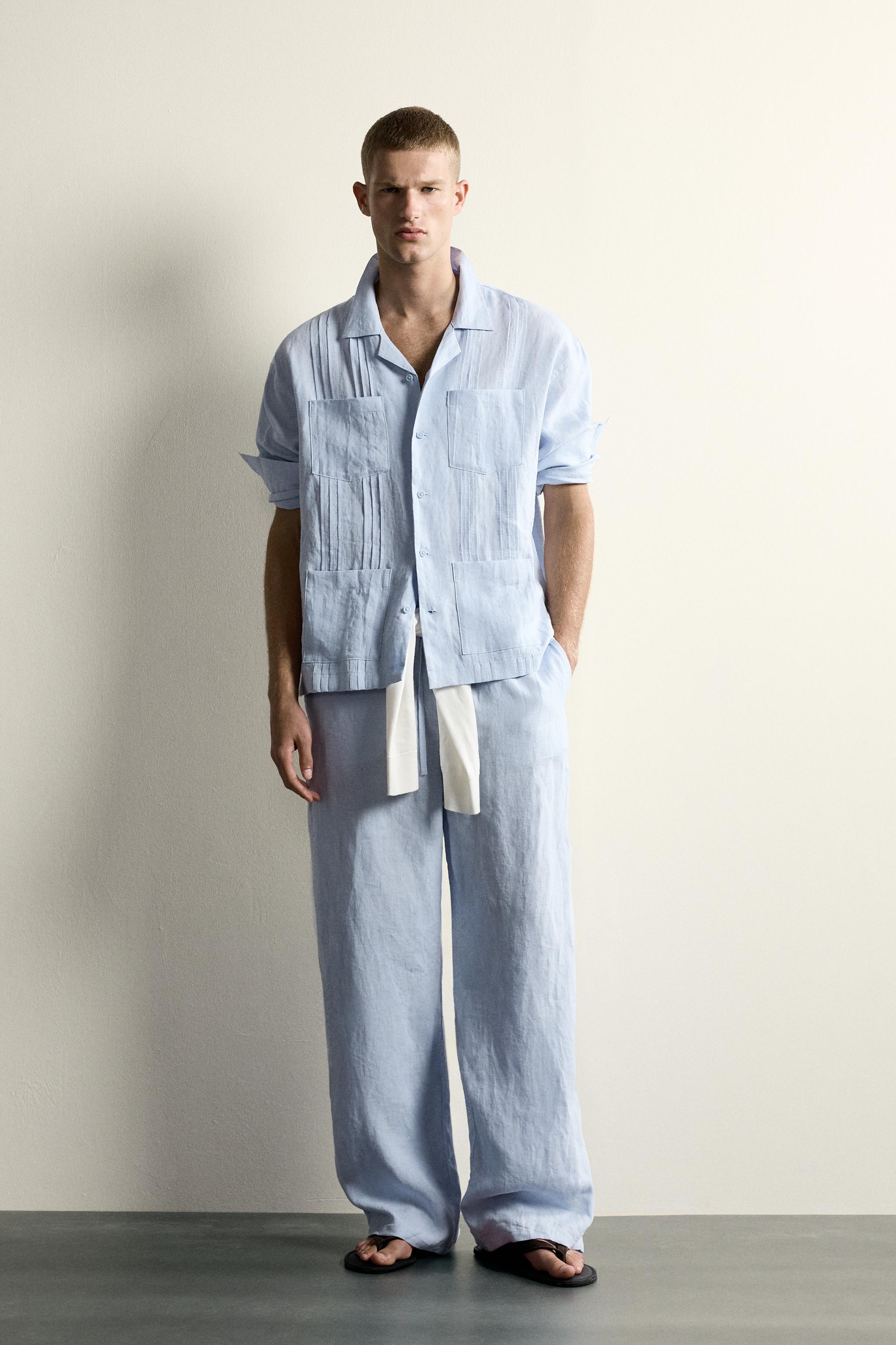 RELAXED FIT 100% LINEN PLEATED SHIRT - Sky blue | ZARA Canada