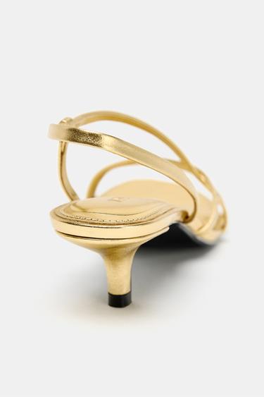 LEATHER KITTEN HEEL SANDALS - Gold by Zara - Image 8