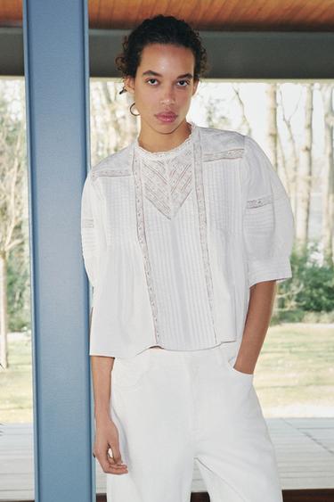 Zara ZW COLLECTION LACE BLOUSE - Ecru
