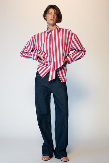 Zara TIED STRIPED SHIRT - Red Stripe