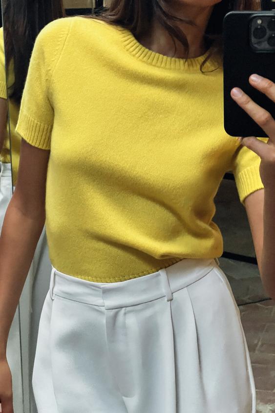 Zara 100% WOOL BASIC SHORT SLEEVE TOP - Yellow - Image 1