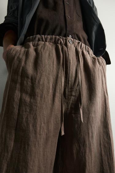 Zara 100% 亞麻休閒長褲 - 棕色 / 暗灰褐色