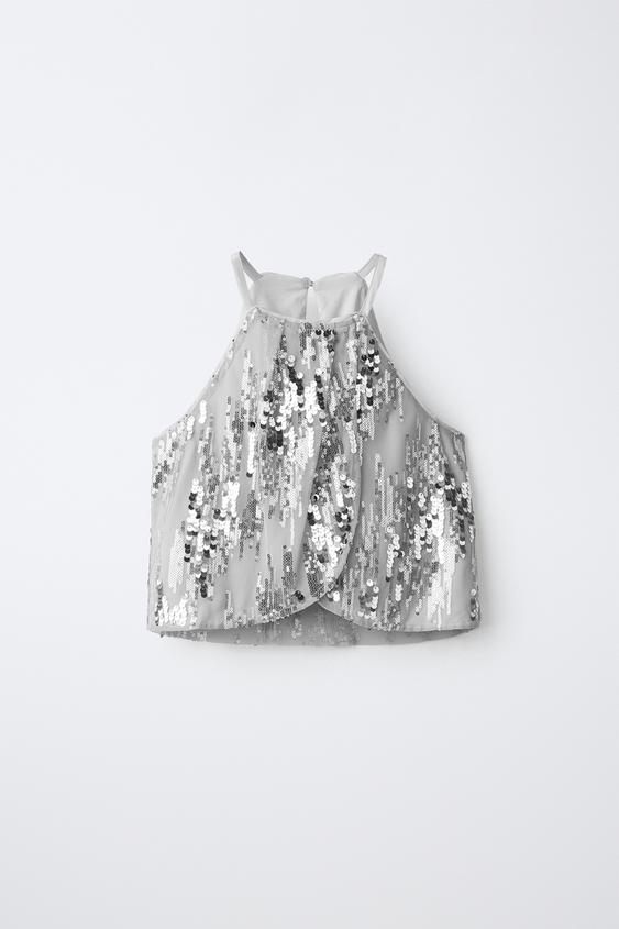 TOP CUELLO HALTER LENTEJUELAS - Gris perla de Zara - Imagen 0