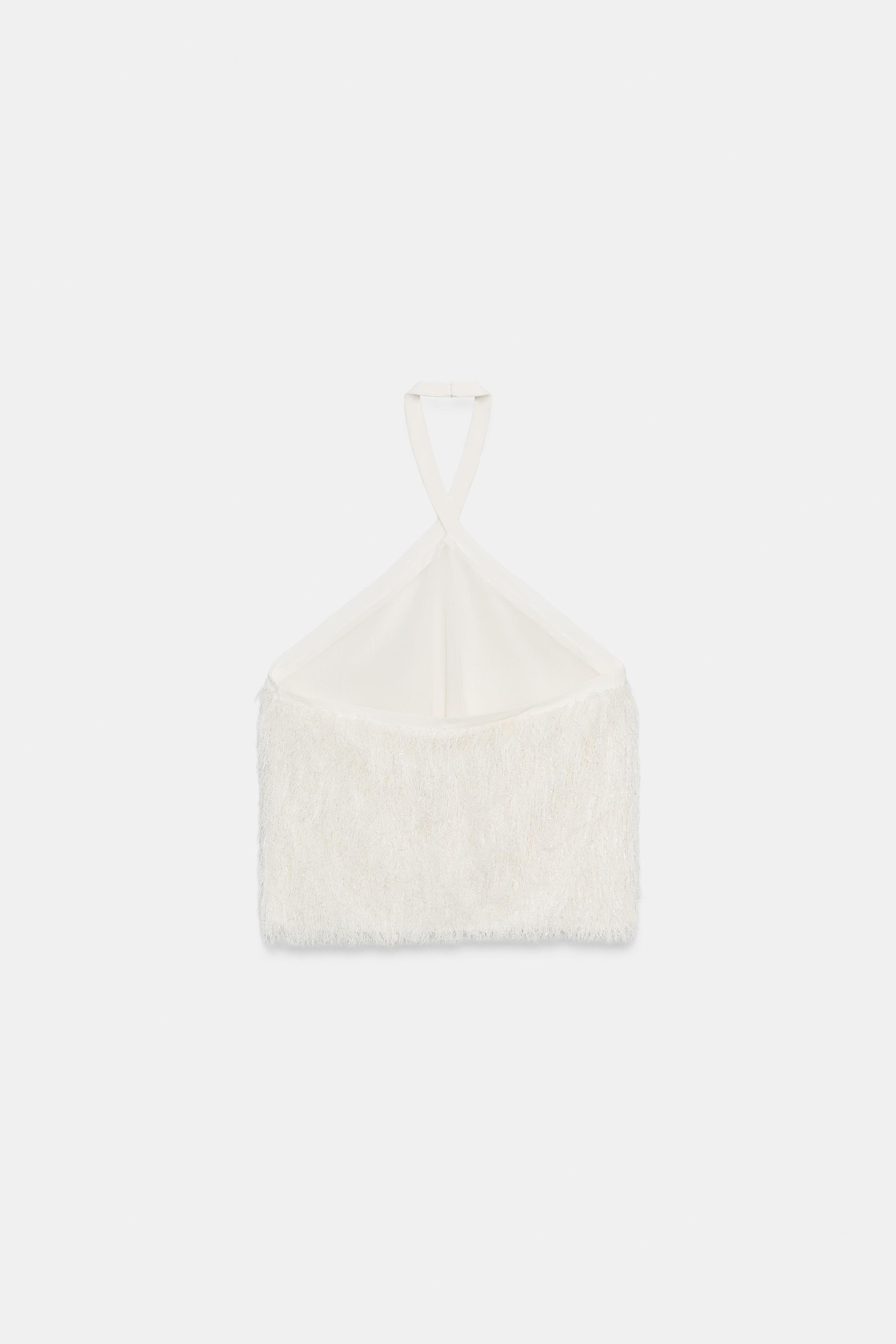 METALLIC THREAD FEATHER HALTER TOP
