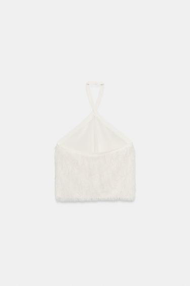 TOP HALTER PLUMES FIL MÉTALLISÉ - Écru de Zara - Image 5