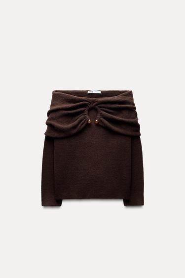 Zara OFF THE SHOULDER KNIT SWEATER - Brown