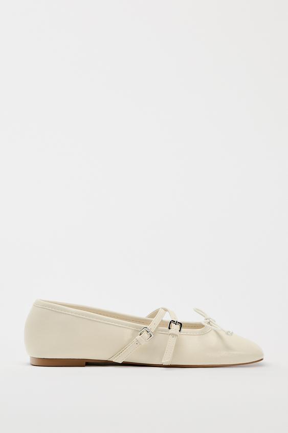 BALLET FLATS WITH BOW AND BUCKLES Ecru White ZARA Thailand
