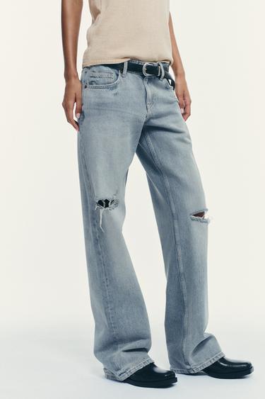 Zara TRF LOW RISE RIPPED WIDE LEG JEANS - Blue gray