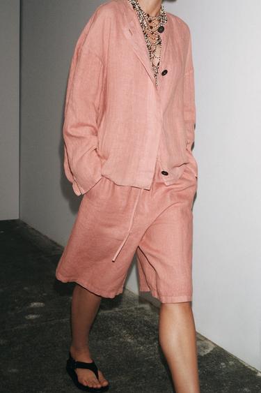 ZW COLLECTION 100% LINEN LONG BERMUDA SHORTS - Pink by Zara