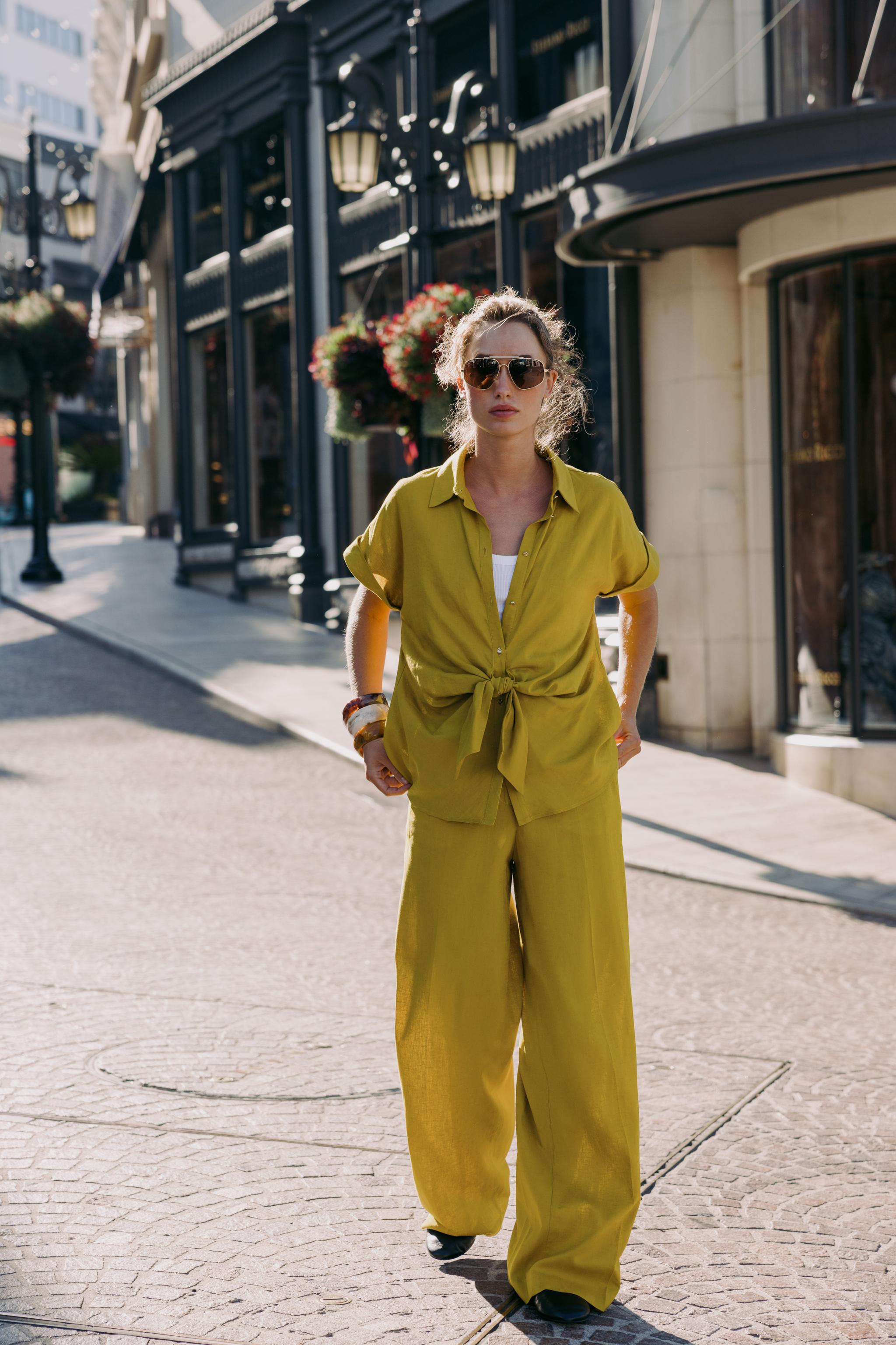 ZARA ストライプ　リネン　トップス ZW COLLECTION リネン混紡ストライプ柄トップス - ブラウン