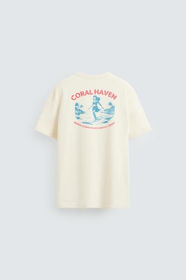 Zara CONTRAST GRAPHIC T-SHIRT - Ecru