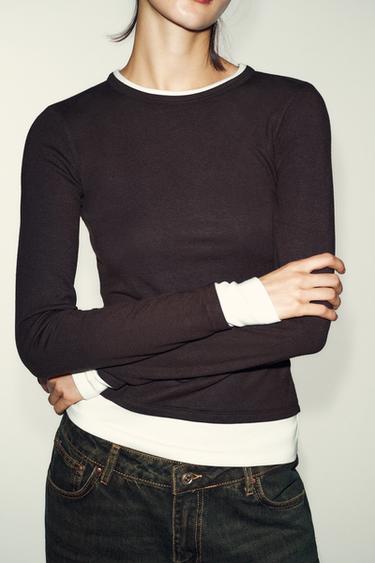 Zara DOUBLE CONTRAST T-SHIRT - Chocolate
