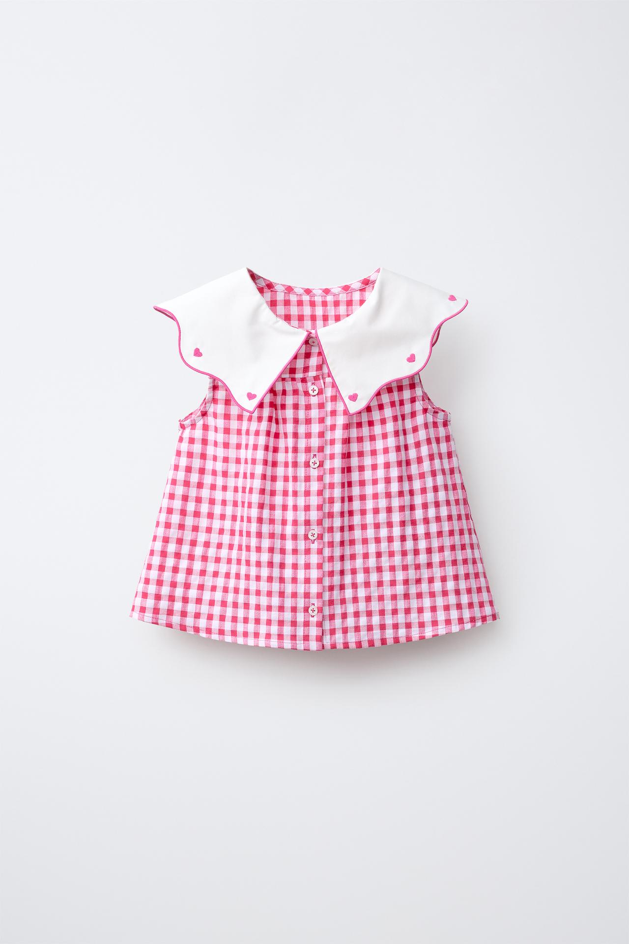 EMBROIDERED COLLAR GINGHAM SHIRT — Dark pink