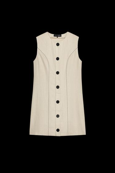Zara LINEN MINI DRESS WITH TOPSTITCHING - Light beige - Image 0