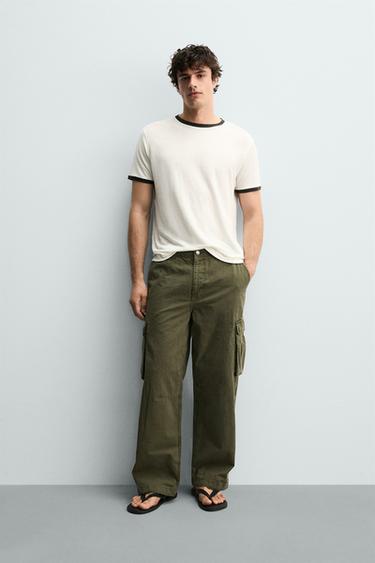 REGULAR FIT CONTRAST LINEN BLEND T-SHIRT - Oyster-white by Zara - Image 0