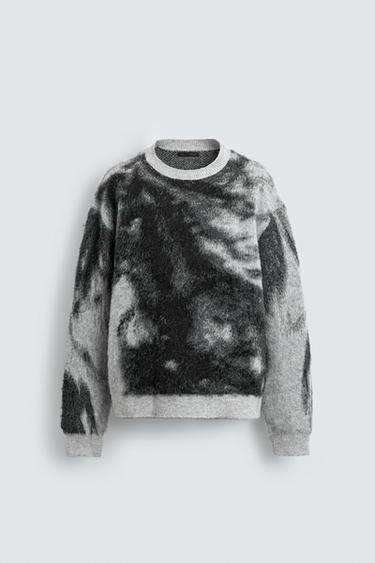 Zara BRUSHED TEXTURED ABSTRACT JACQUARD JUMPER - Oyster-white