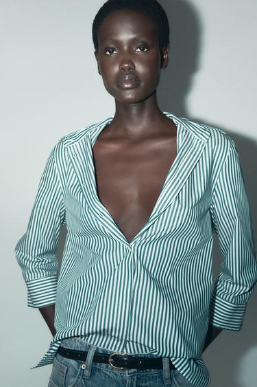 Zara STRIPED ZW COLLECTION SHIRT - Green/White