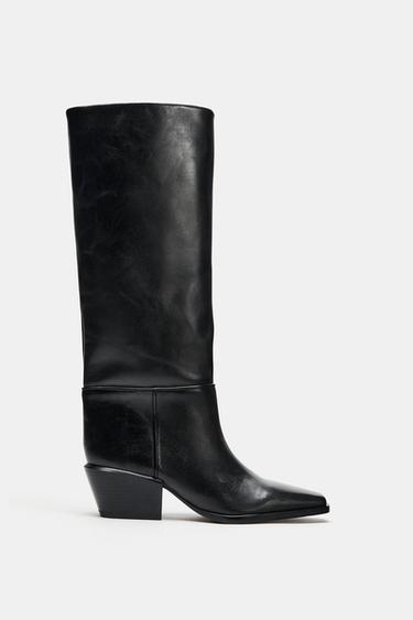 LEATHER WIDE HEEL BOOTS — Black 1