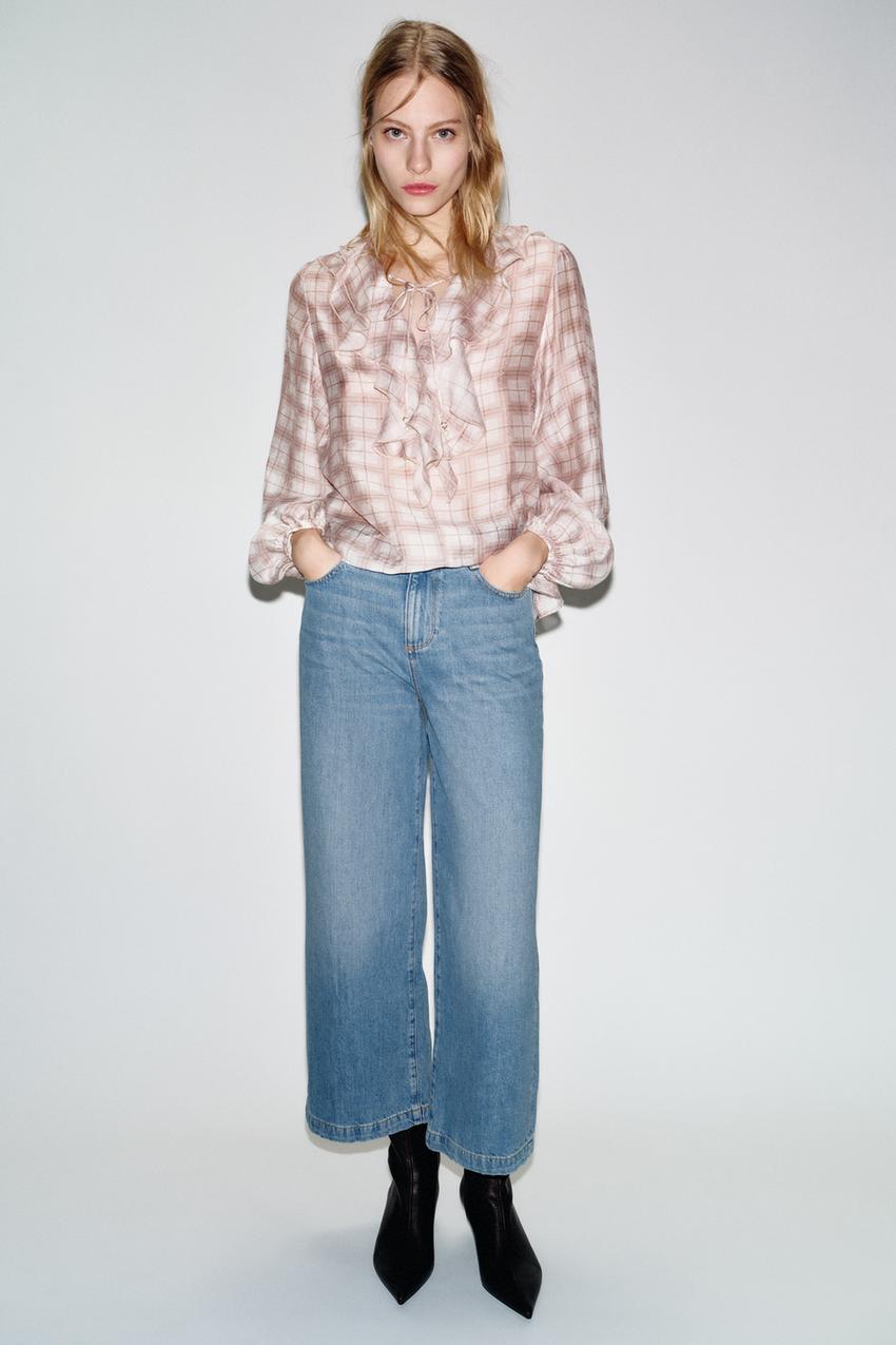 フリル付きチェック柄ブラウス - ピンク | ZARA Japan / 日本