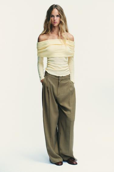 Zara 平口縮褶上衣 - 淺黃色