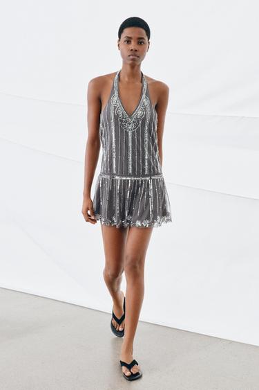 Zara SEQUIN HALTER MINI DRESS - Dark gray