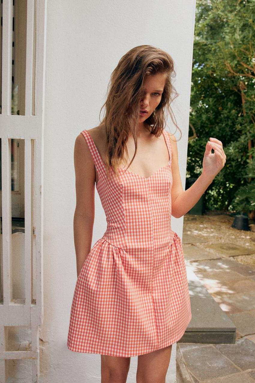 GINGHAM VOLUMINOUS MINI DRESS - Orange | ZARA United States GINGHAM VOLUMINOUS MINI DRESS - Orange | ZARA United States