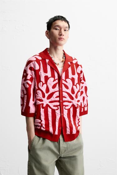 Zara CONTRAST JACQUARD KNIT SHIRT - Red