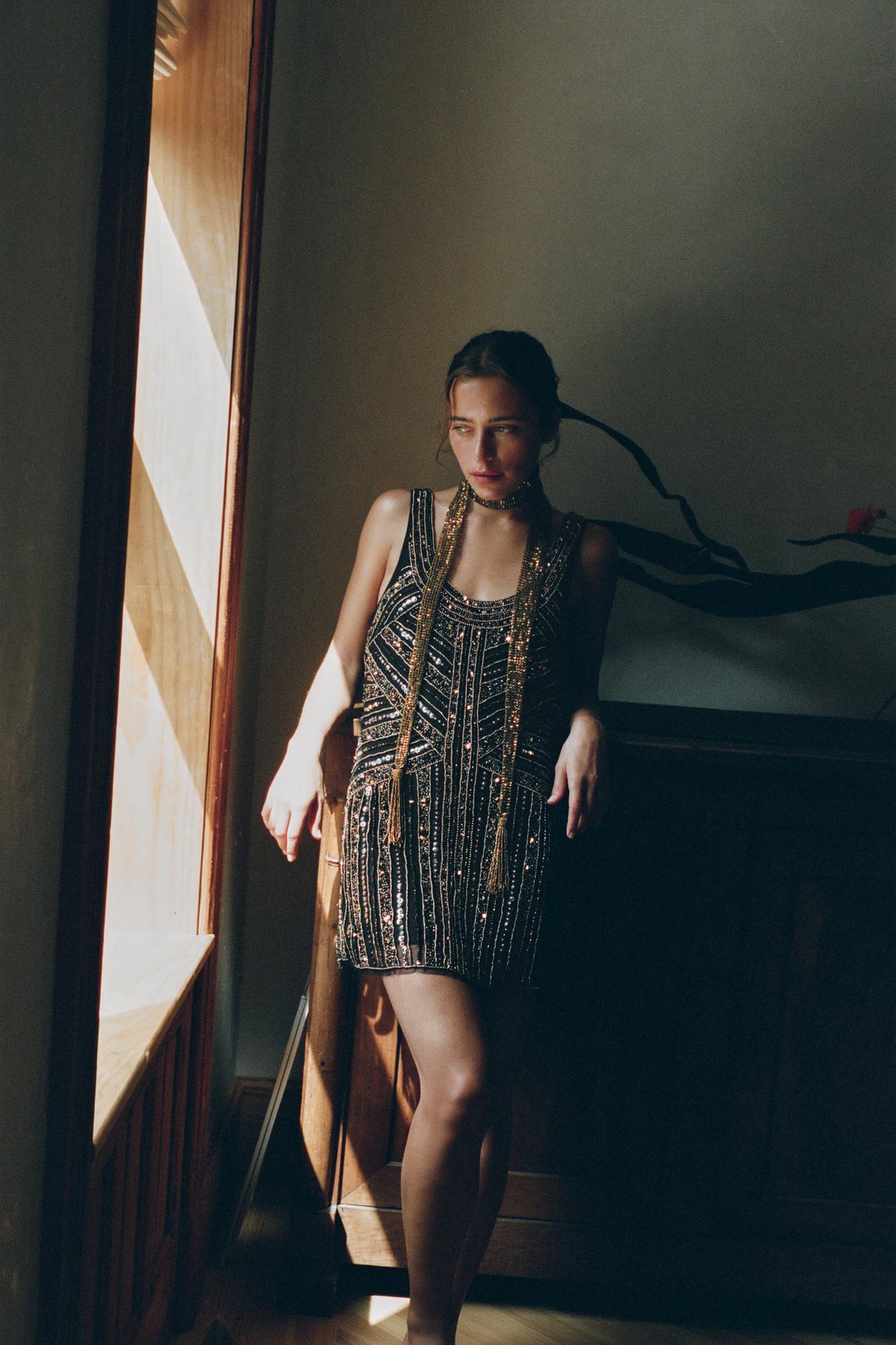 BEADED MINI DRESS — Black