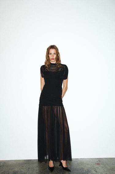 VESTIDO MIDI DRAPEADO COMBINADO - Negro de Zara - Imagen 0