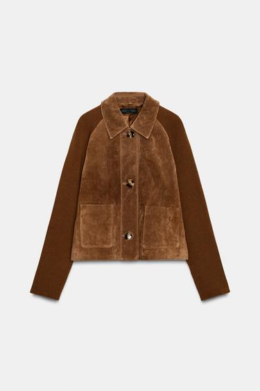 CONTRAST KNIT 100% LEATHER JACKET - camel by Zara