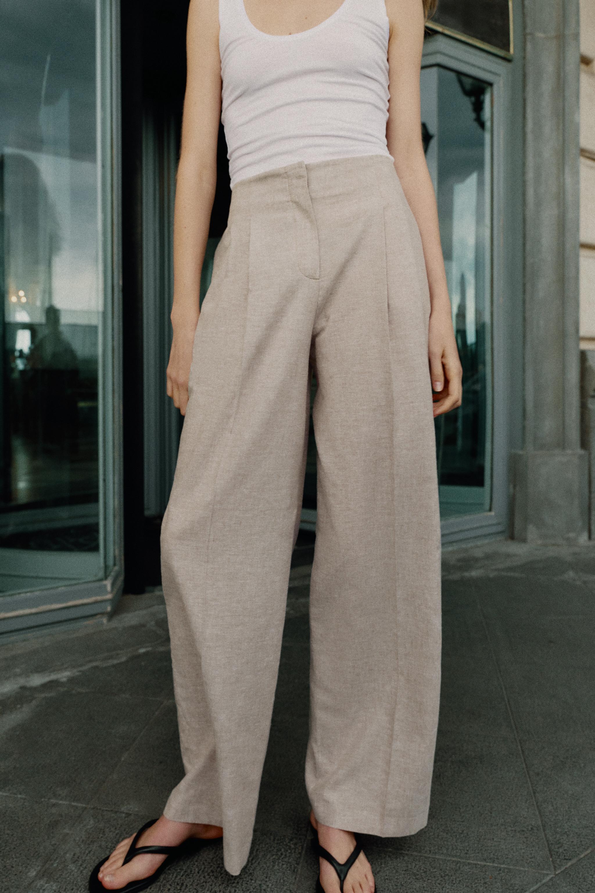 LINEN STRAIGHT FIT PLEATED PANTS — Sand / Marl