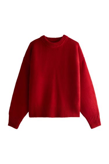 Zara WOOL SWEATER WITH ROUND INFINITY SCARF - Dark red