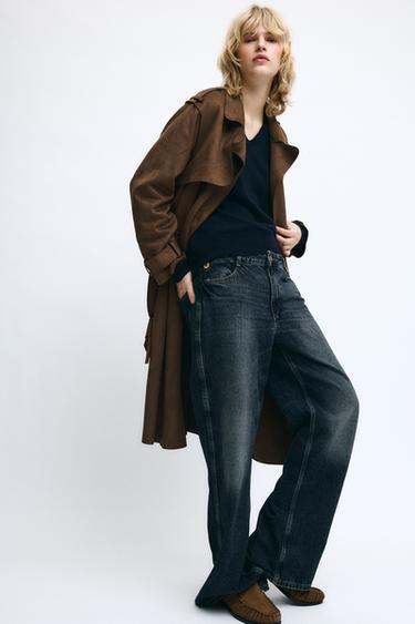 Zara LONG SUEDE EFFECT BELTED TRENCH COAT - Brown