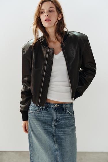 CHAQUETA BOMBER EFECTO PIEL - Marrón de Zara
