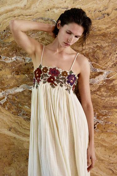 SEQUINNED EMBROIDERED STRAPPY DRESS - Oyster-white by Zara