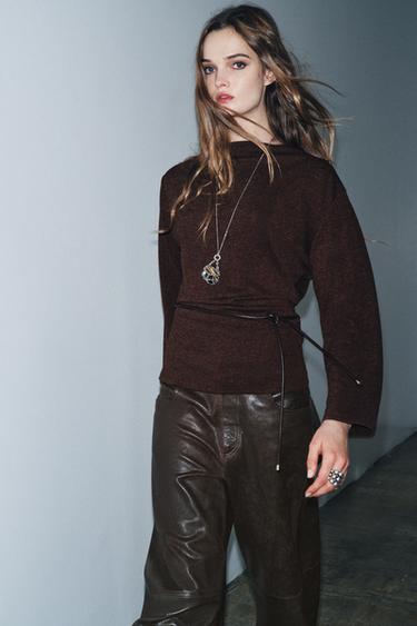 Zara TEXTURED BELTED TOP - Brown