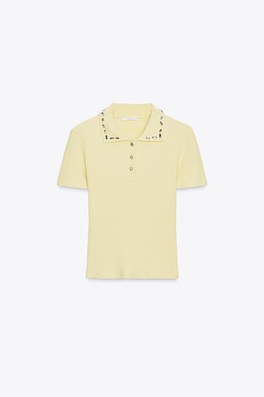 Zara JEWEL COLLAR RIBBED POLO SHIRT - Yellow