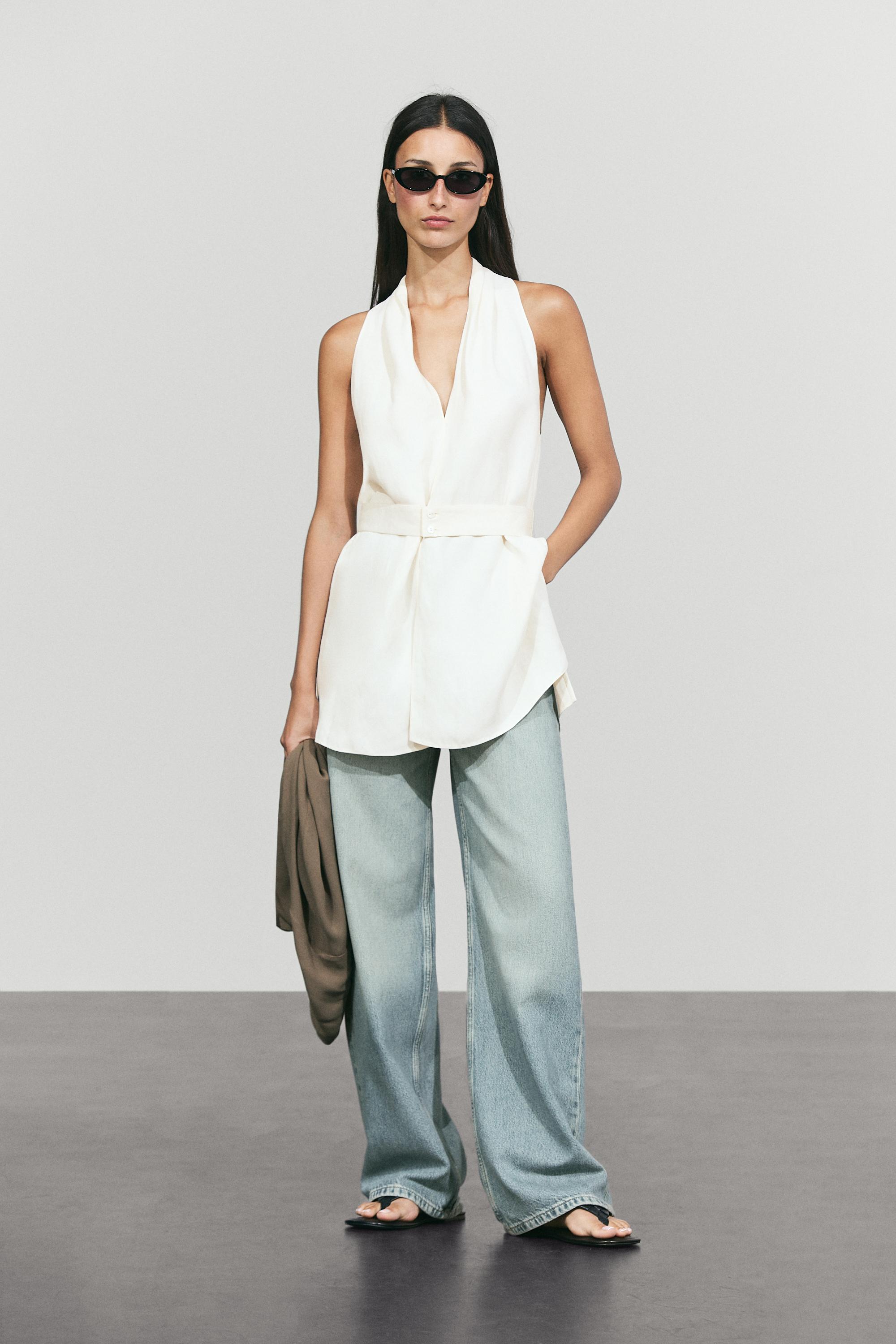 Flowing linen blend vest with belt detail