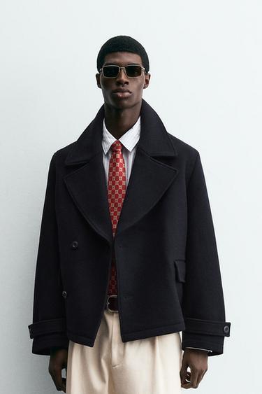 Zara WOOL BLEND SHORT COAT - Navy blue