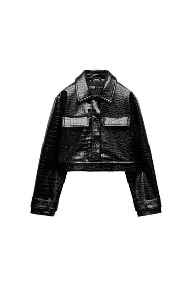 Front view of a black jacket with crocodile texture, front pockets and button fastening.