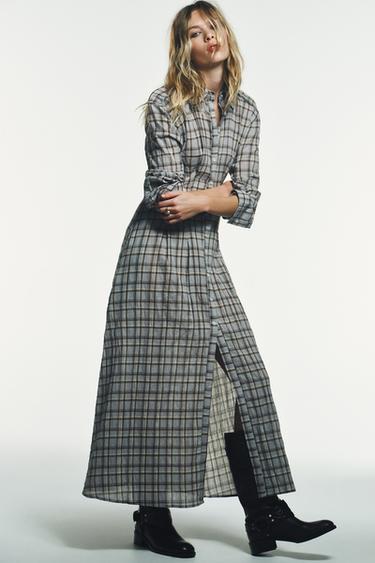 Zara PLAID SHIRT DRESS - Brown-Blue
