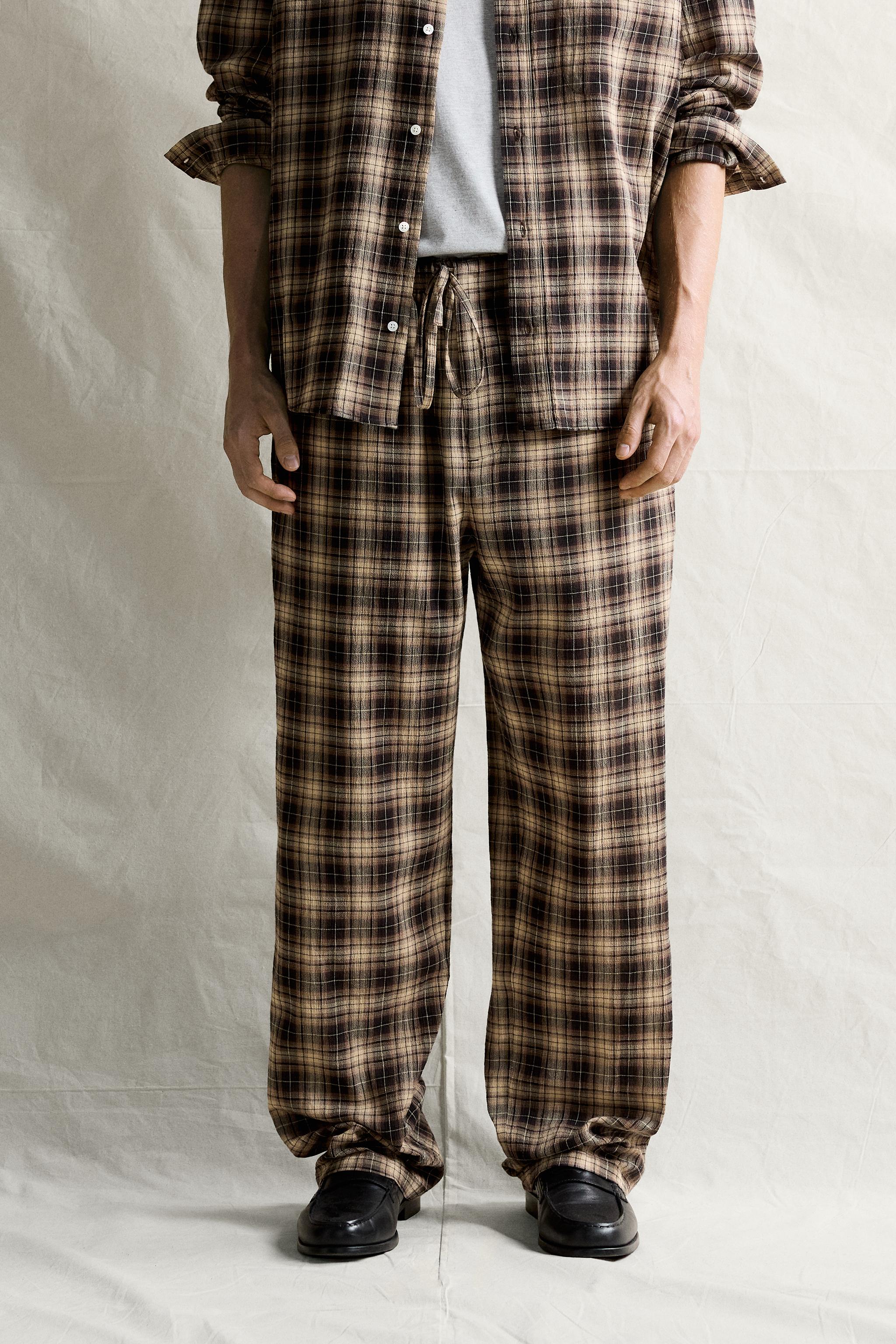 Zara DOKULU KARELİ RELAXED FIT PANTOLON görsel 2