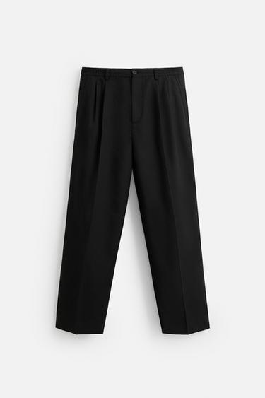 Zara FLOWY PLEATED WIDE FIT PANTS - Black
