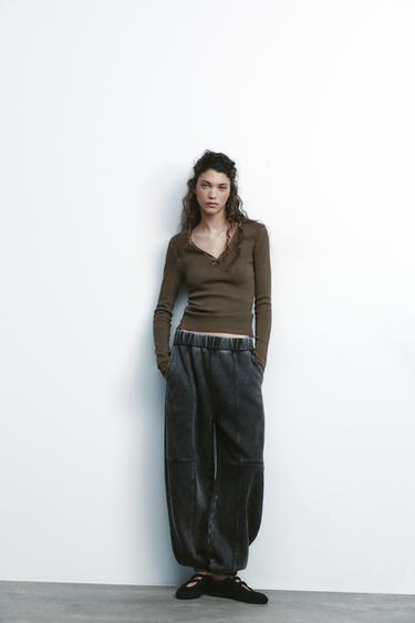 WASHED EFFECT LACE RIBBED T-SHIRT - Brown by Zara - Image 0