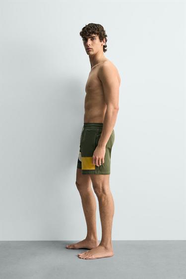 LONG COLOUR BLOCK SWIMMING TRUNKS - Green by Zara - Image 3